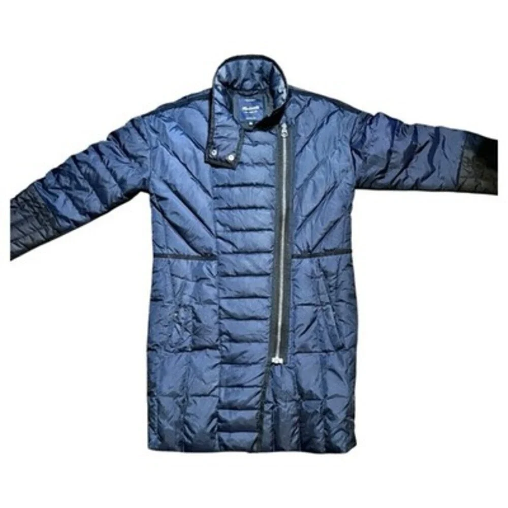 Madewell Womens XS Quilted Down Puffer Coat-Dark‎ Navy & Black Asymmetrical Zip - Picture 2 of 15